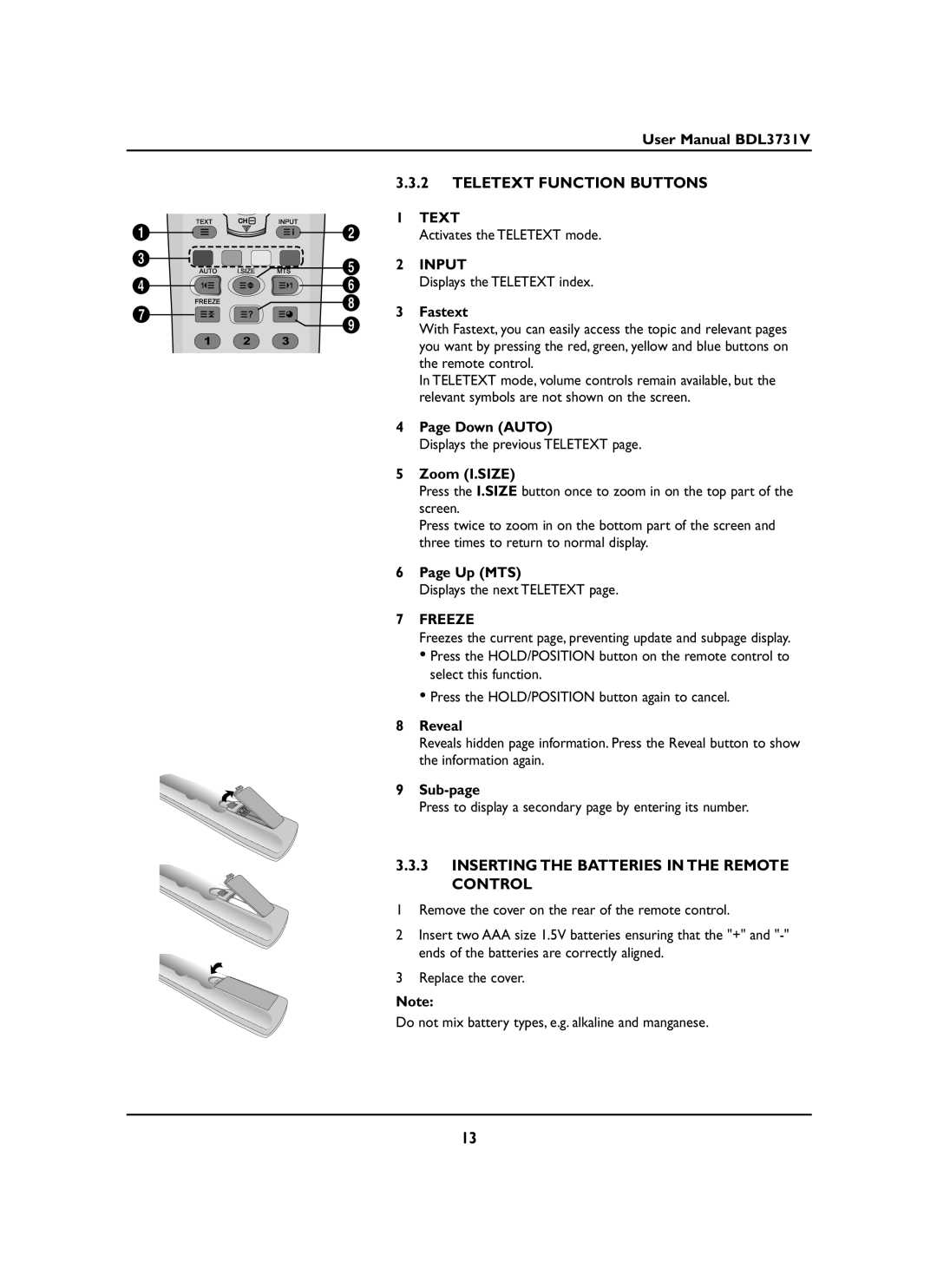 Philips BDL3731V manual Teletext Function Buttons, Inserting the Batteries in the Remote Control, Text 