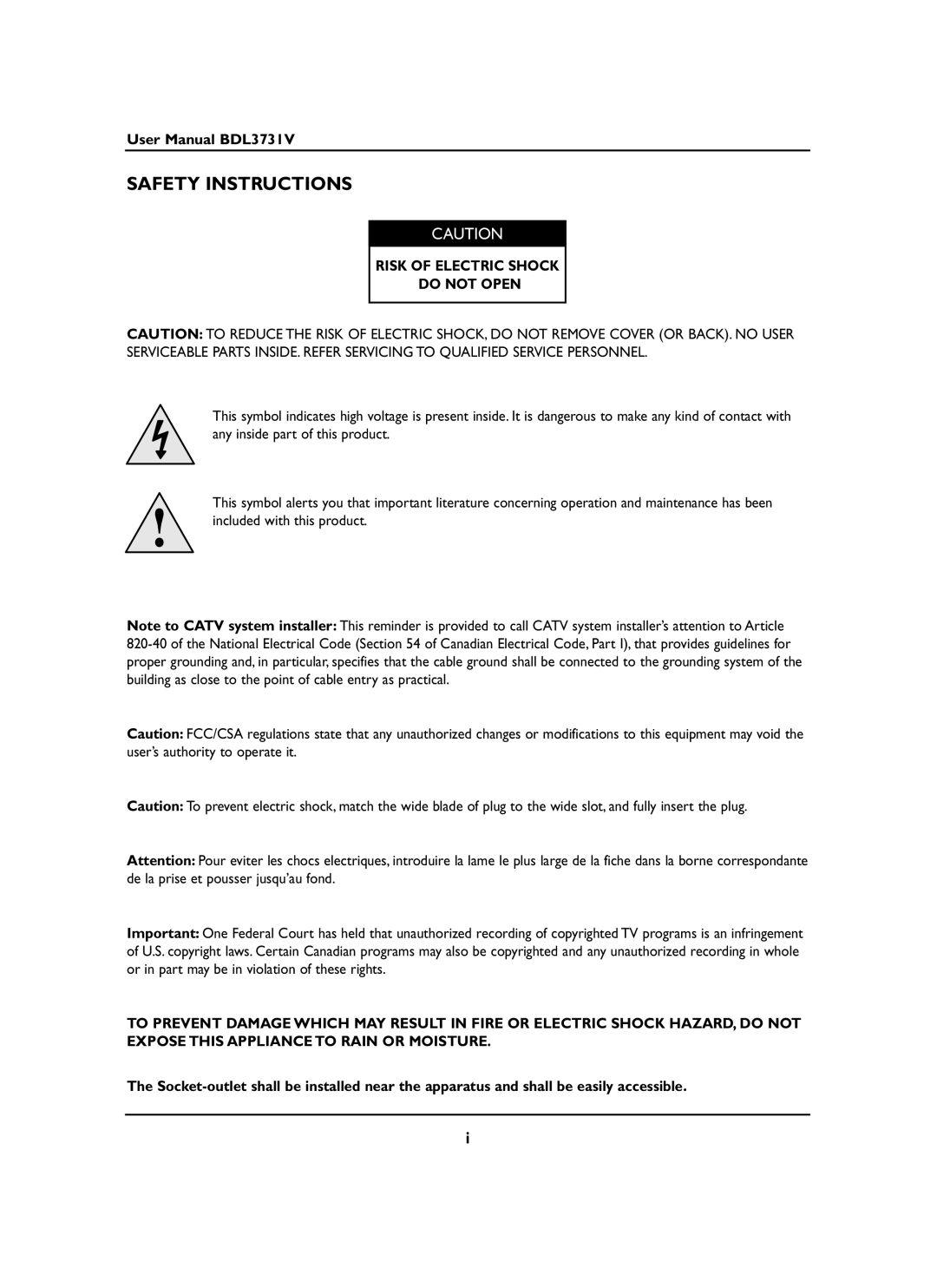 Philips BDL3731V manual Safety Instructions, Risk of Electric Shock Do not Open 