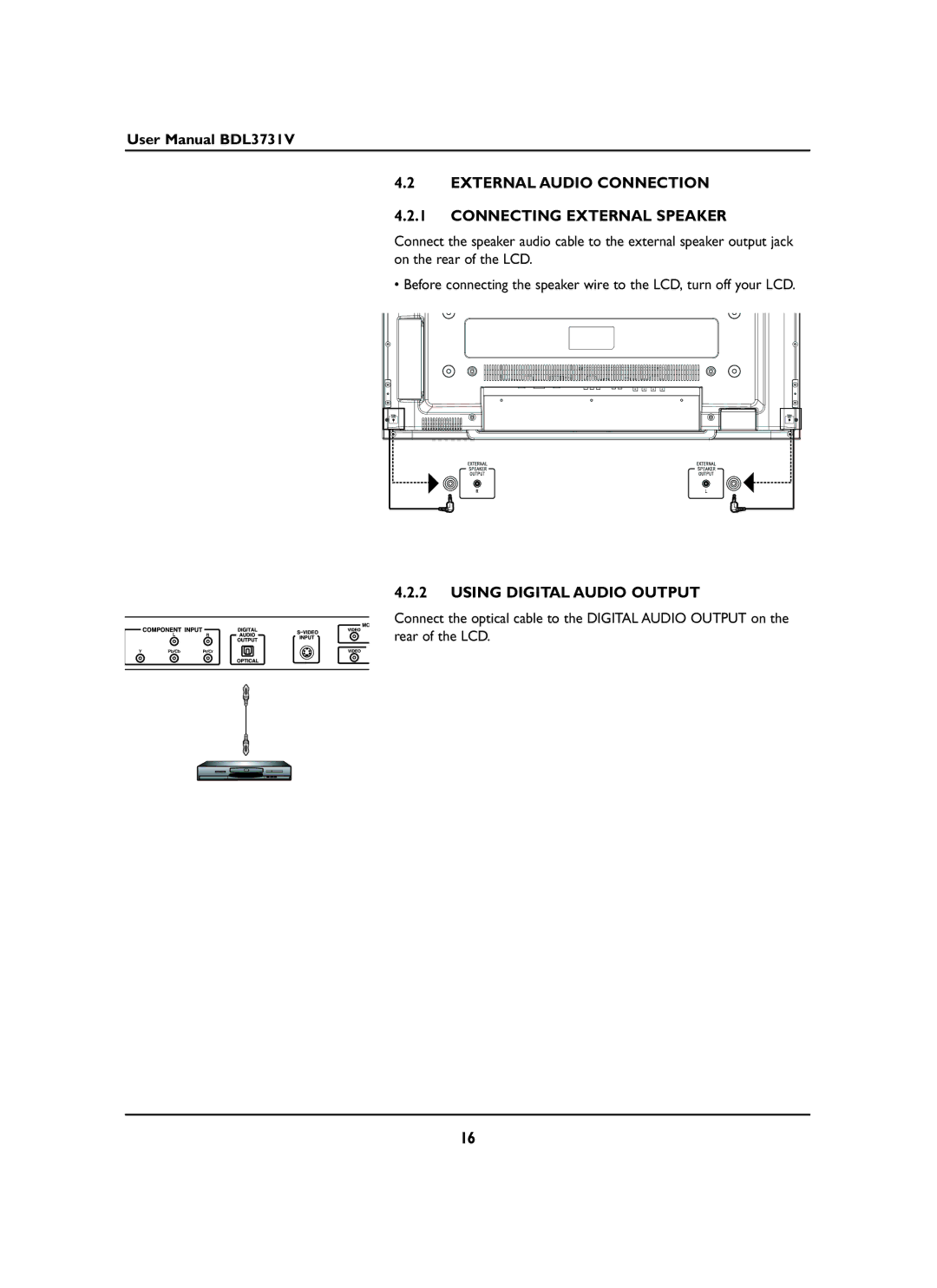 Philips BDL3731V manual External Audio Connection Connecting External Speaker, Using Digital Audio Output 