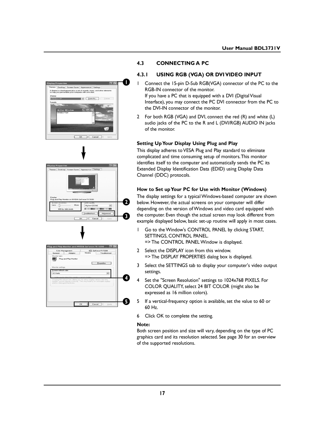 Philips BDL3731V manual Connecting a PC Using RGB VGA or DVI Video Input, Setting Up Your Display Using Plug and Play 