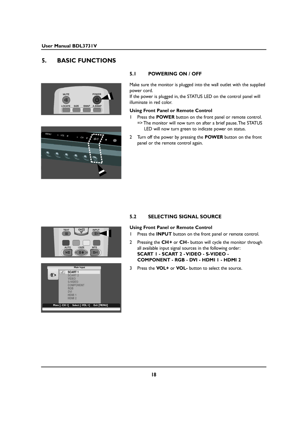 Philips BDL3731V manual Basic Functions, Powering on / OFF, Selecting Signal Source, Using Front Panel or Remote Control 