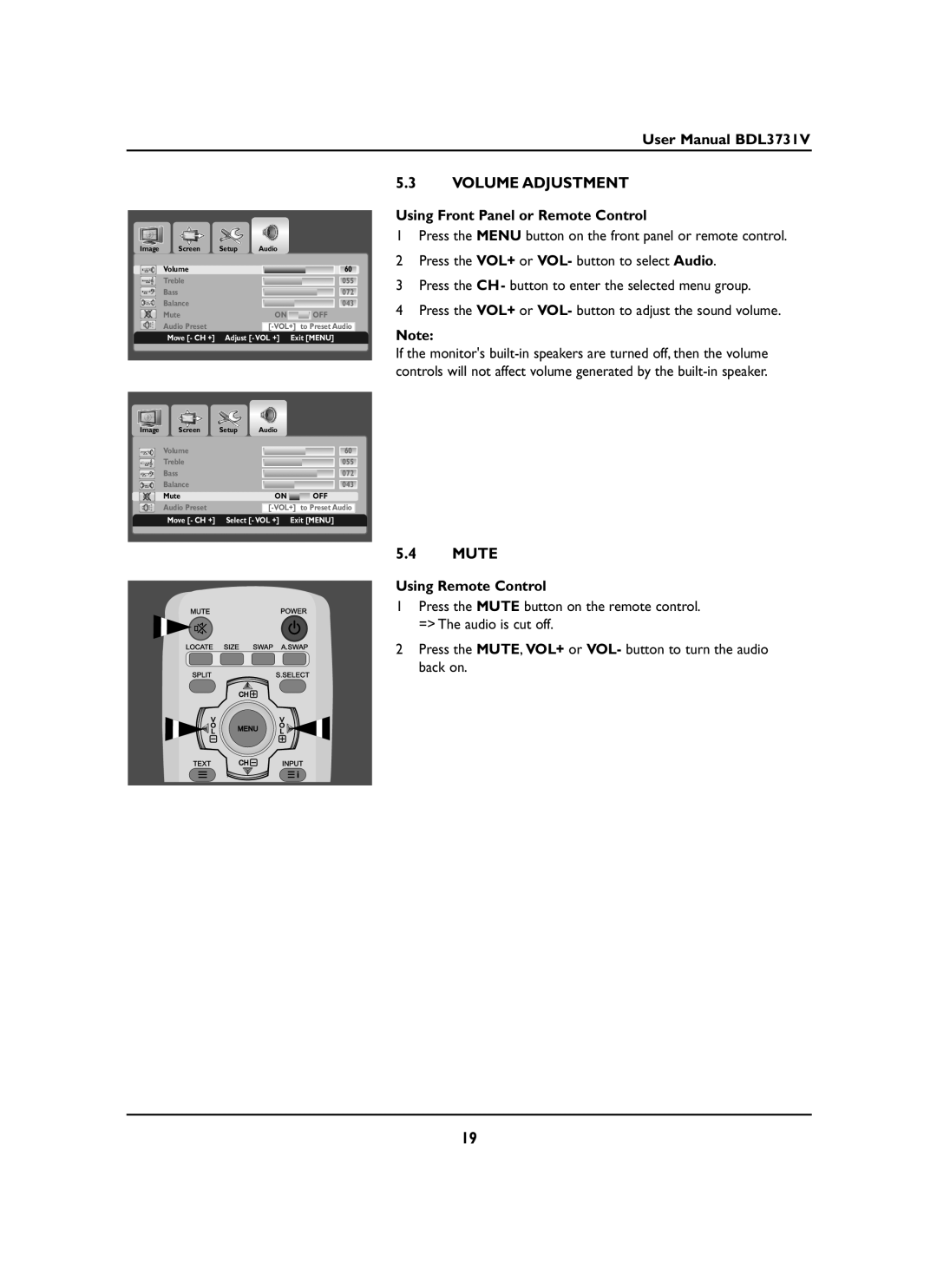 Philips BDL3731V manual Volume Adjustment, Mute, Using Remote Control 