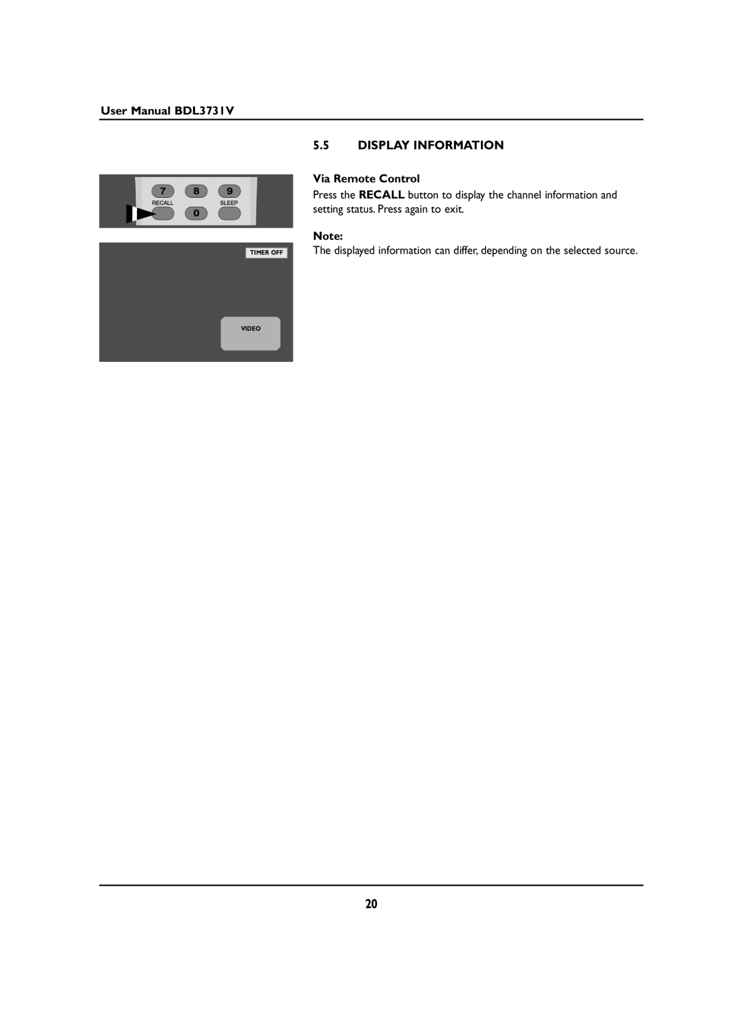 Philips BDL3731V manual Display Information, Via Remote Control 