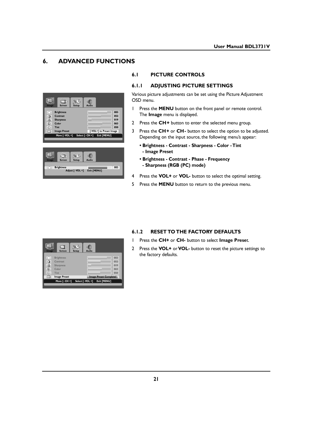 Philips BDL3731V manual Advanced Functions, Picture Controls Adjusting Picture Settings, Reset to the Factory Defaults 