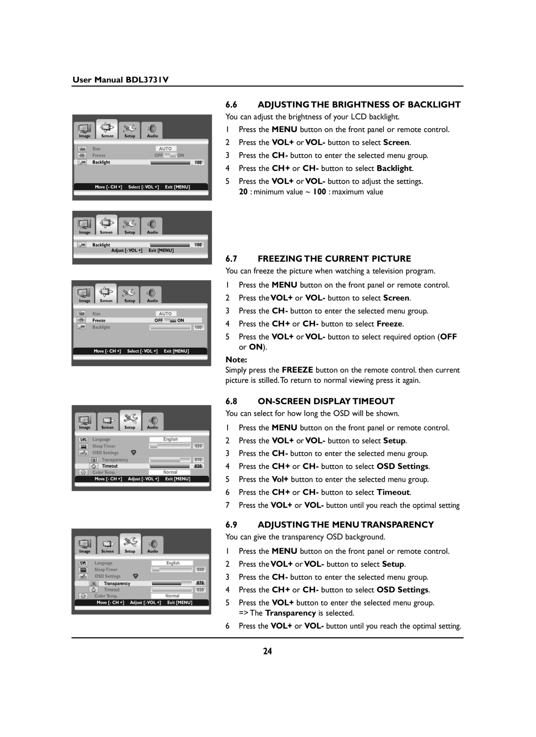Philips BDL3731V manual Adjusting the Brightness of Backlight, Freezing the Current Picture, ON-SCREEN Display Timeout 