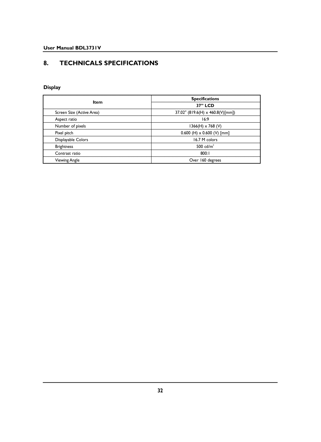 Philips BDL3731V manual Technicals Specifications, Display 