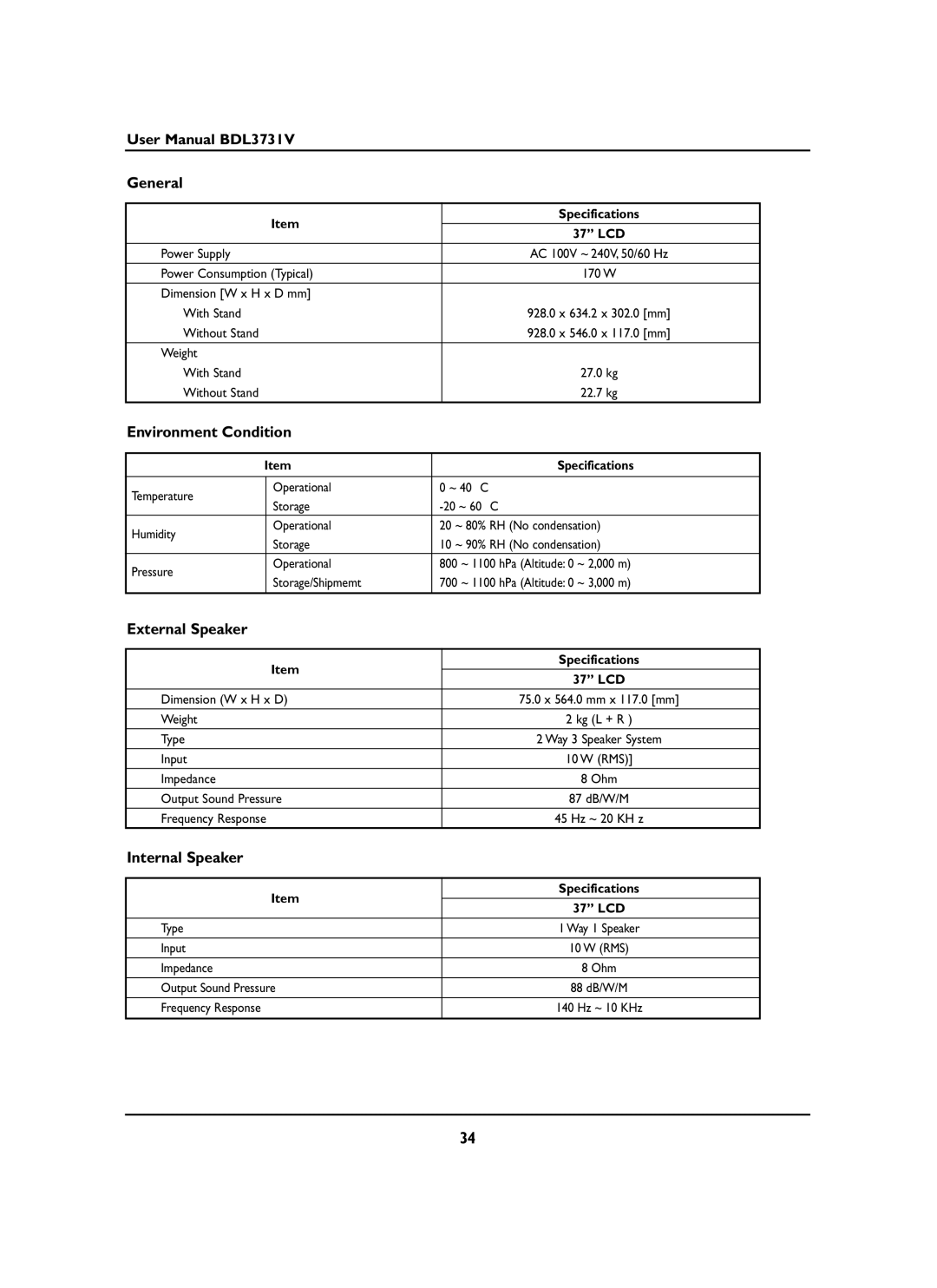 Philips BDL3731V manual General, Environment Condition, External Speaker, Internal Speaker 