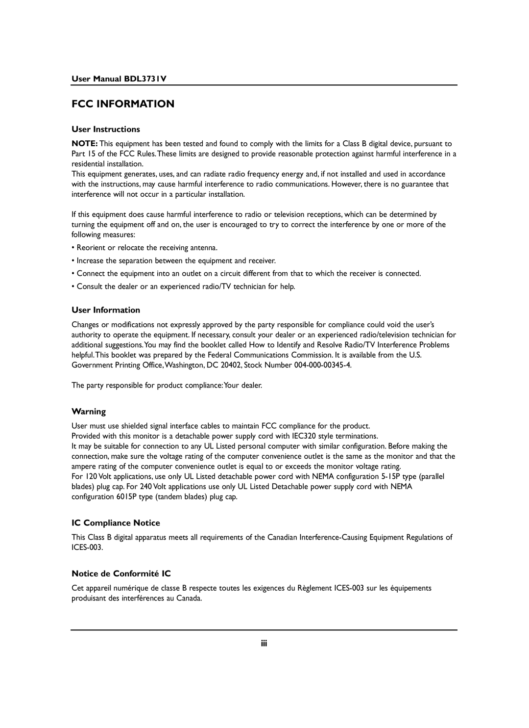 Philips BDL3731V manual FCC Information, User Instructions, User Information, IC Compliance Notice, Iii 