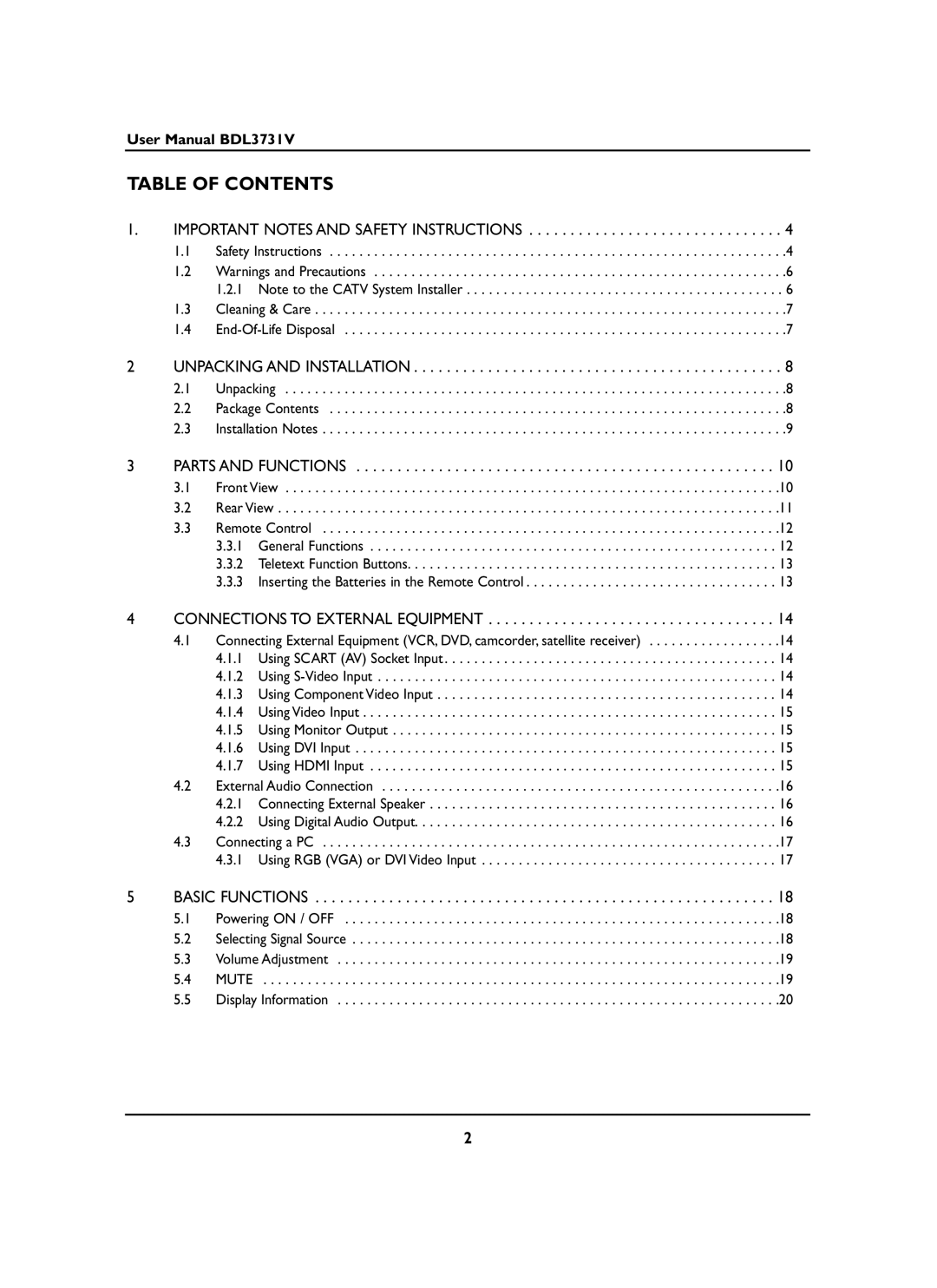 Philips BDL3731V manual Table of Contents 