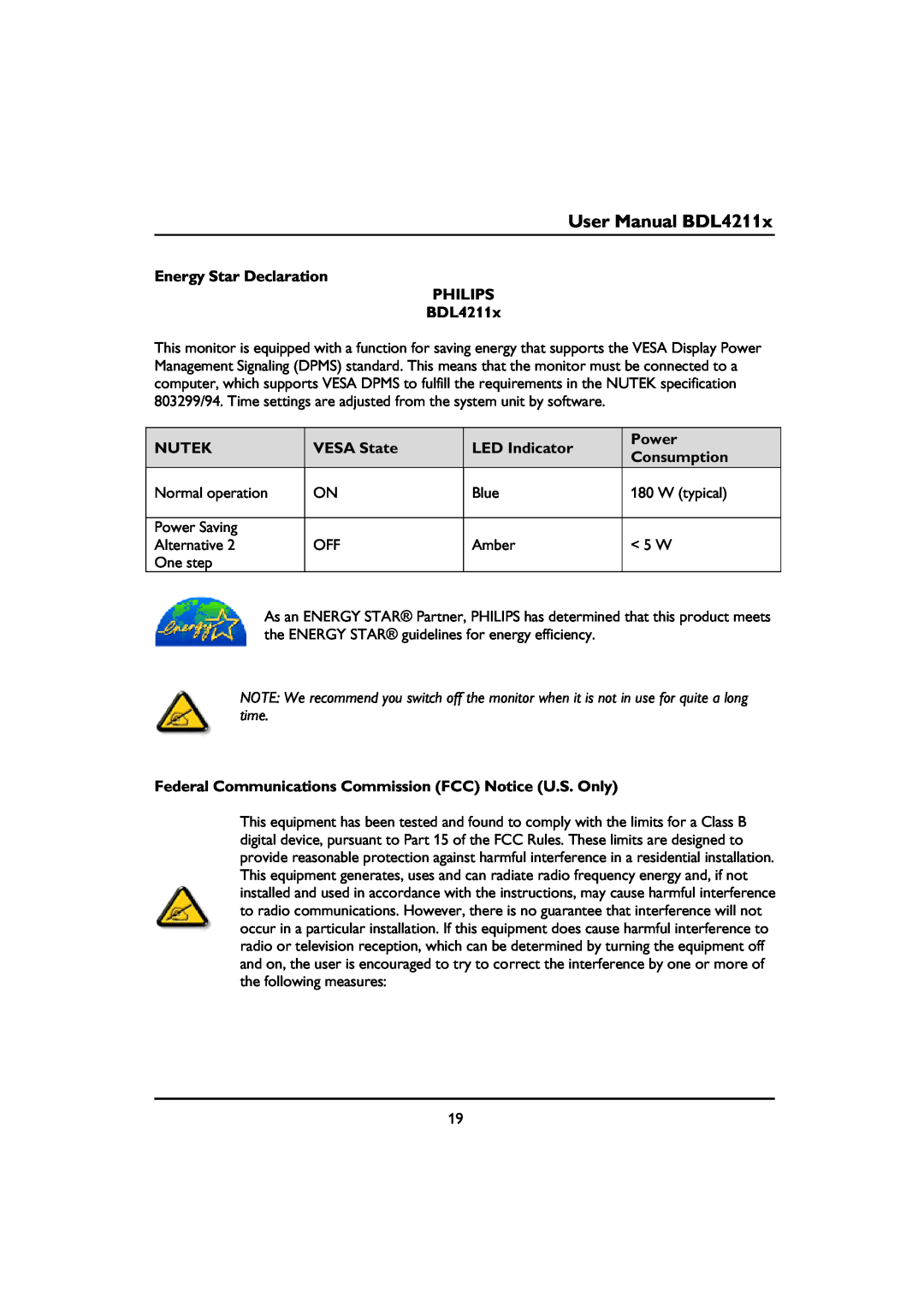 Philips BDL4211V User Manual BDL4211x, Energy Star Declaration PHILIPS BDL4211x, Nutek, VESA State, LED Indicator, Power 