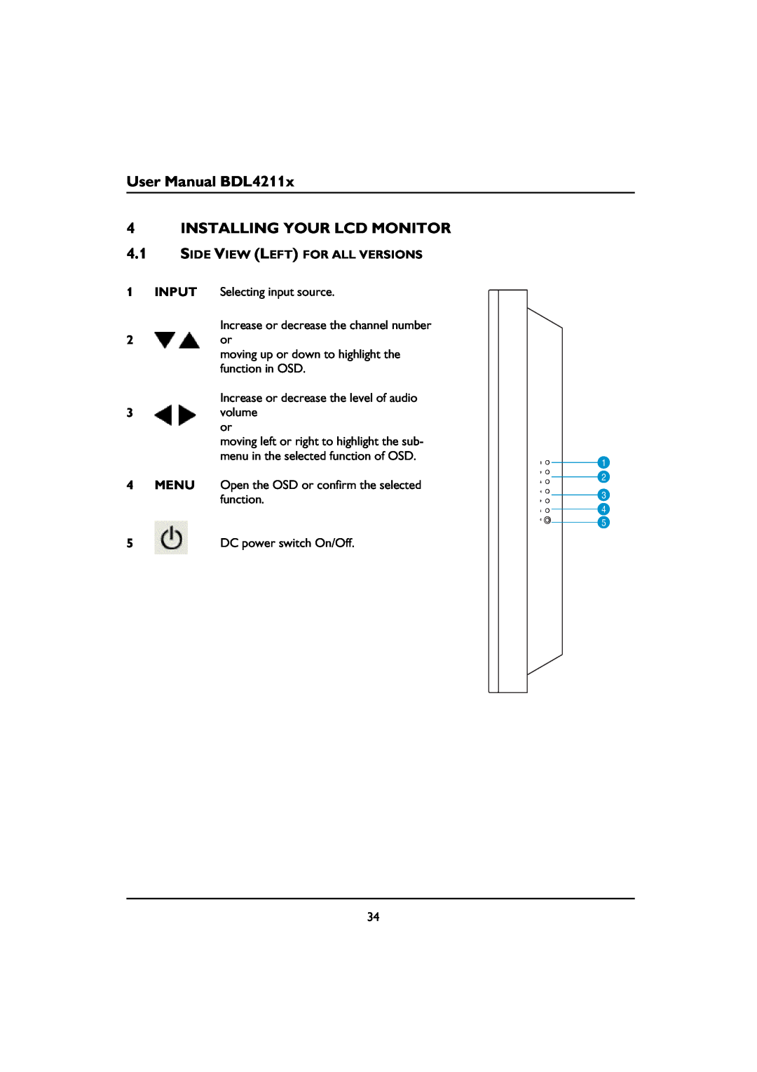 Philips BDL4211V, BDL4211C, BDL4211P User Manual BDL4211x 4 INSTALLING YOUR LCD MONITOR, Side View Left For All Versions 