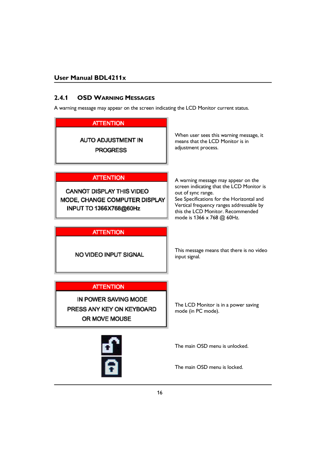 Philips BDL4211V, BDL4211C, BDL4211P user manual OSD Warning Messages 