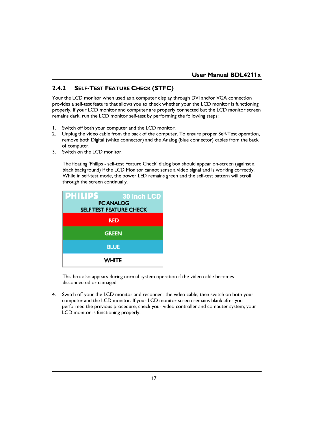 Philips BDL4211C, BDL4211V, BDL4211P user manual SELF-TEST Feature Check Stfc 