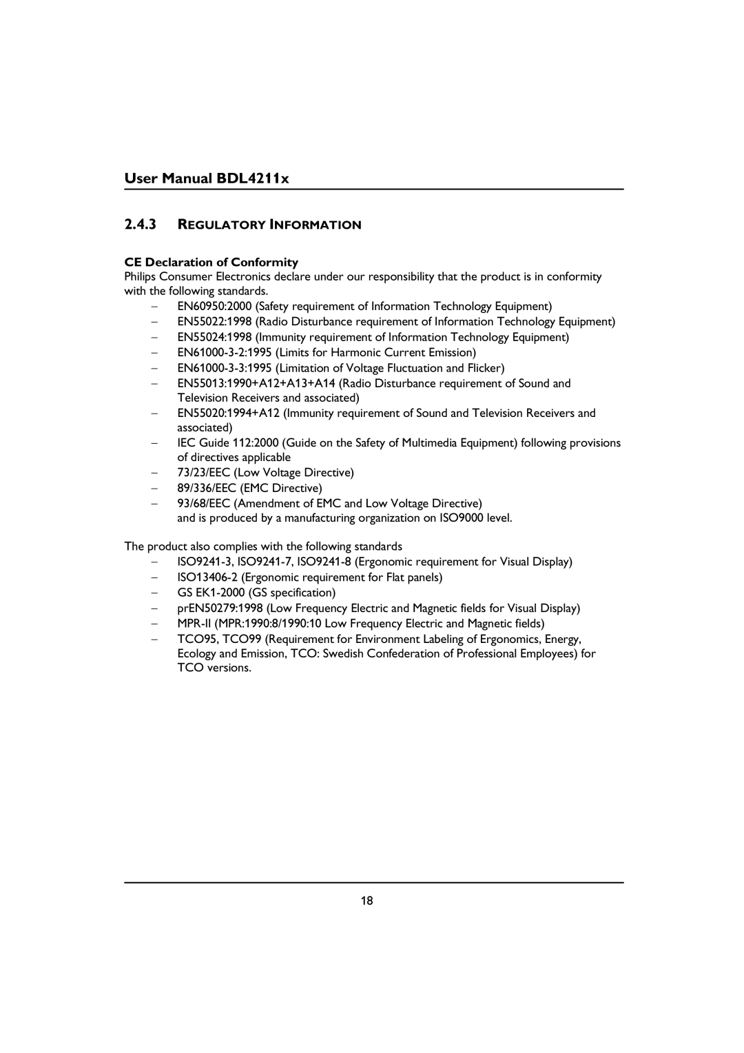 Philips BDL4211P, BDL4211V, BDL4211C user manual Regulatory Information, CE Declaration of Conformity 