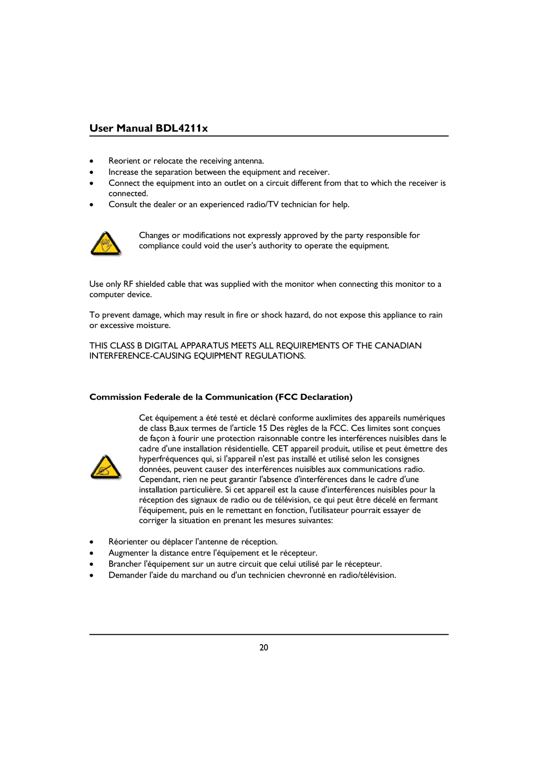 Philips BDL4211C, BDL4211V, BDL4211P user manual Commission Federale de la Communication FCC Declaration 