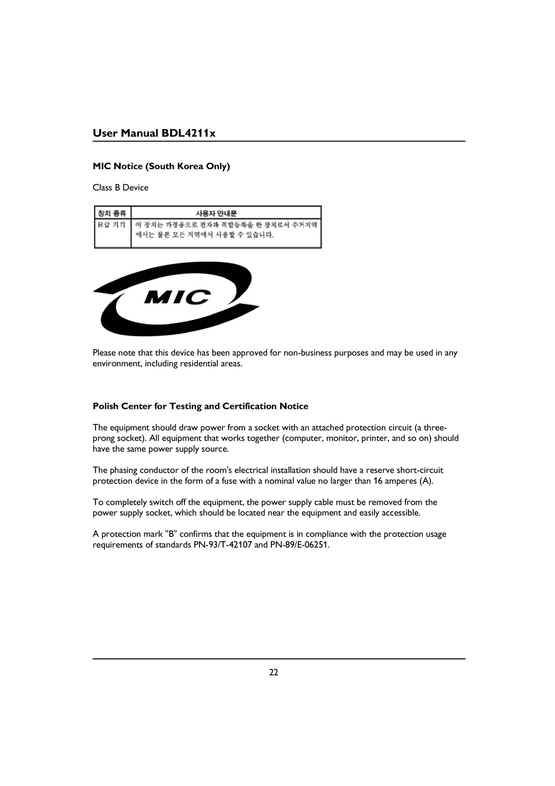 Philips BDL4211V, BDL4211C, BDL4211P MIC Notice South Korea Only, Polish Center for Testing and Certification Notice 