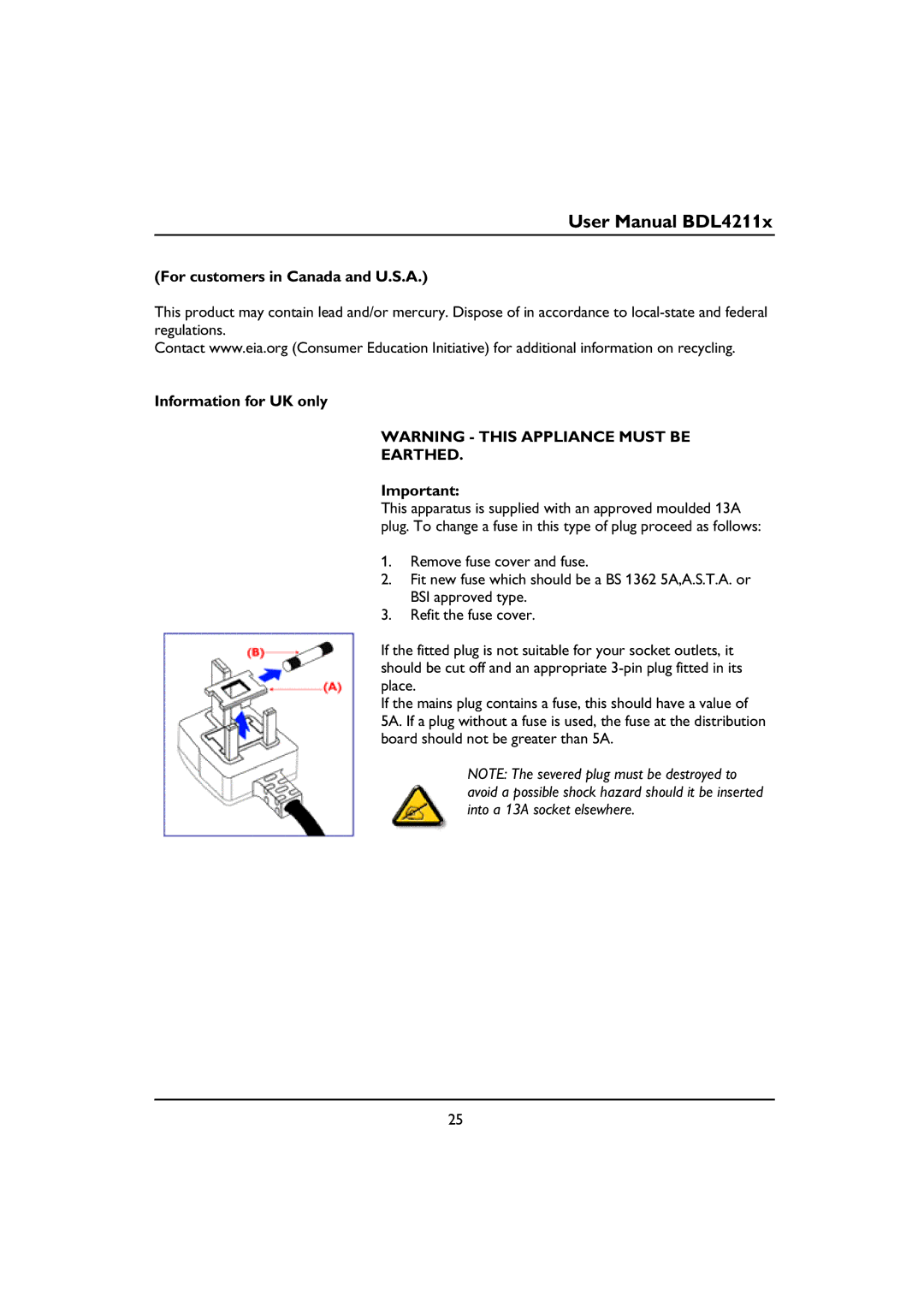 Philips BDL4211V, BDL4211C, BDL4211P user manual For customers in Canada and U.S.A, Information for UK only, Earthed 