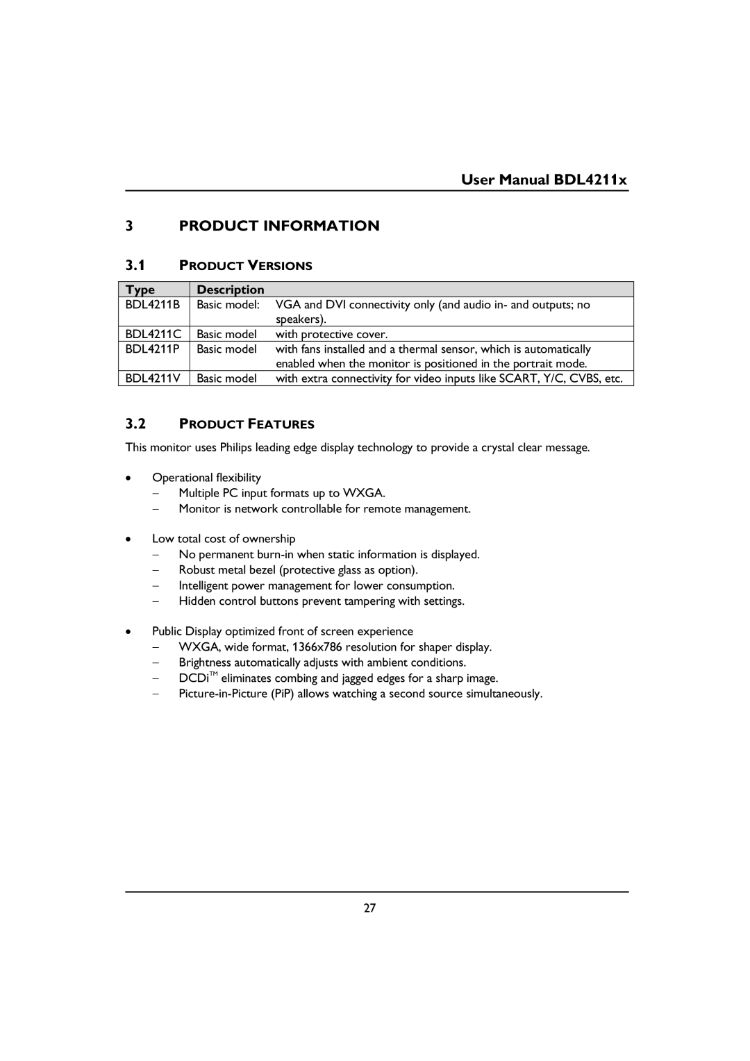 Philips BDL4211P, BDL4211V, BDL4211C user manual Product Information, Product Versions, Type Description, Product Features 