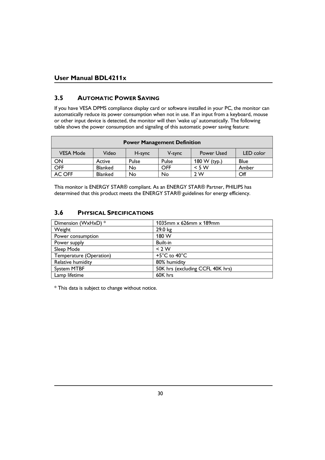 Philips BDL4211P, BDL4211V, BDL4211C user manual Automatic Power Saving, Power Management Definition, Physical Specifications 