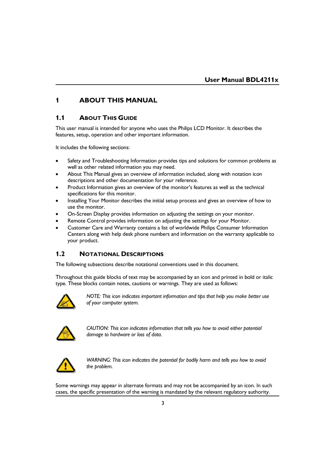 Philips BDL4211P, BDL4211V, BDL4211C user manual About this Manual, About this Guide, Notational Descriptions 