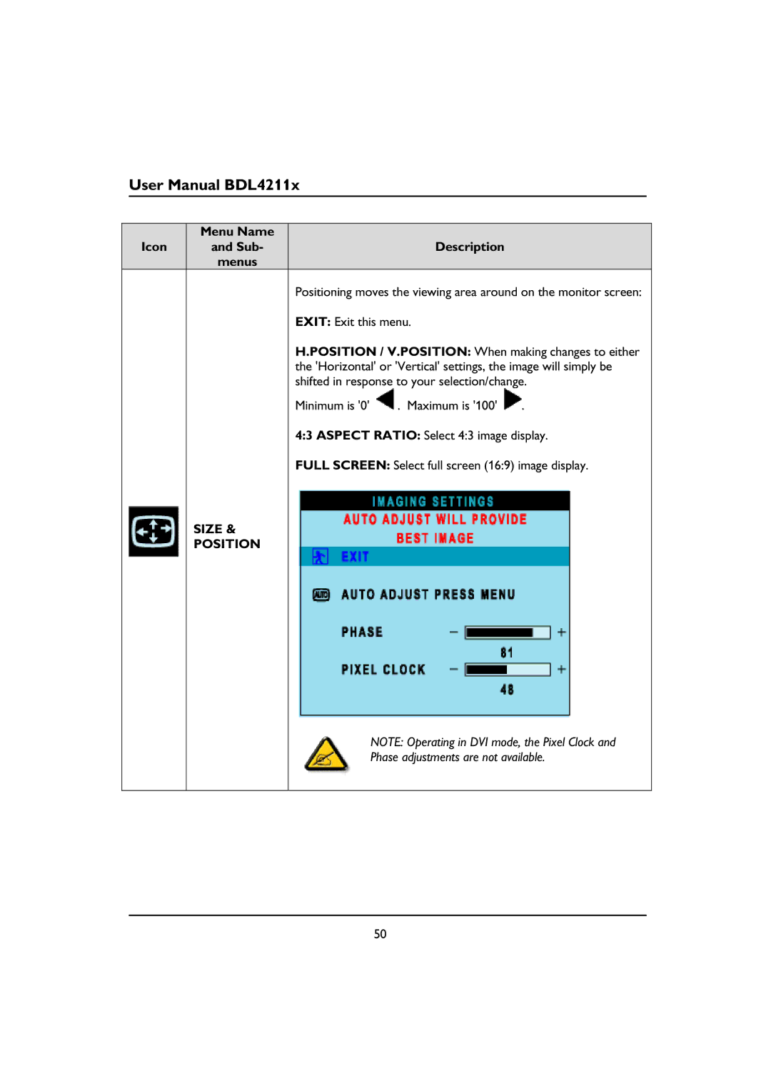 Philips BDL4211C, BDL4211V, BDL4211P user manual Size Position 