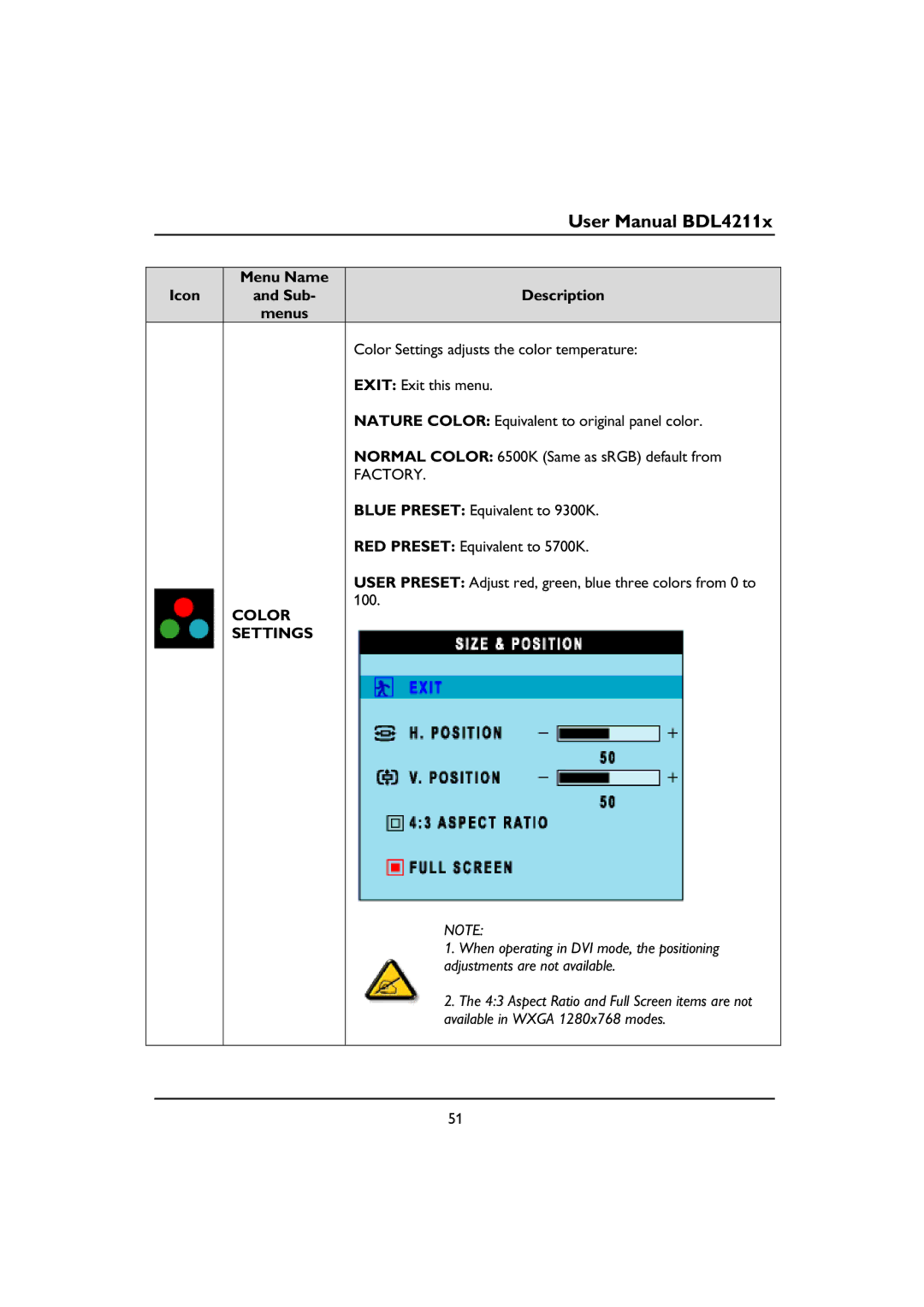 Philips BDL4211P, BDL4211V, BDL4211C user manual Factory, Color, 100, Settings 