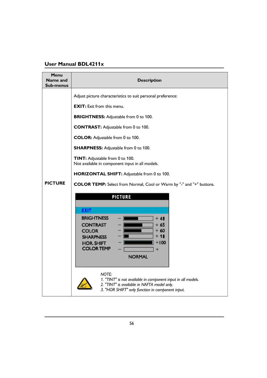 Philips BDL4211C, BDL4211V, BDL4211P user manual Color Temp Select from Normal, Cool or Warm by and + buttons 