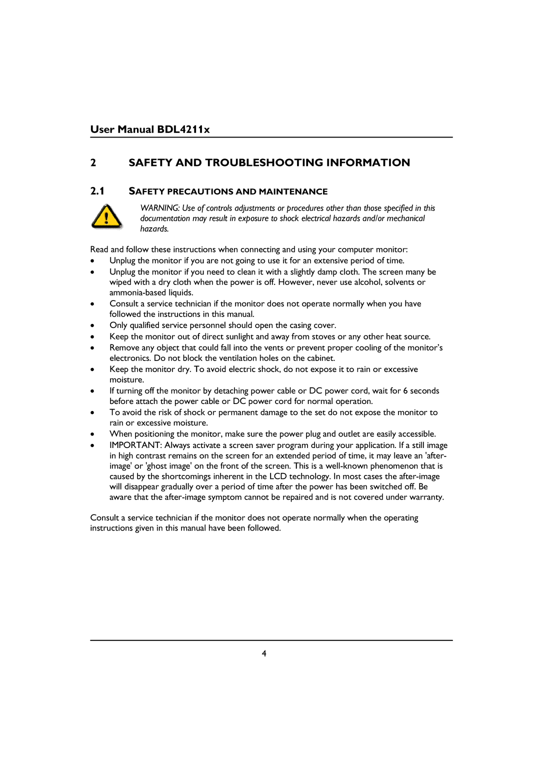 Philips BDL4211V, BDL4211C, BDL4211P user manual Safety and Troubleshooting Information, Safety Precautions and Maintenance 