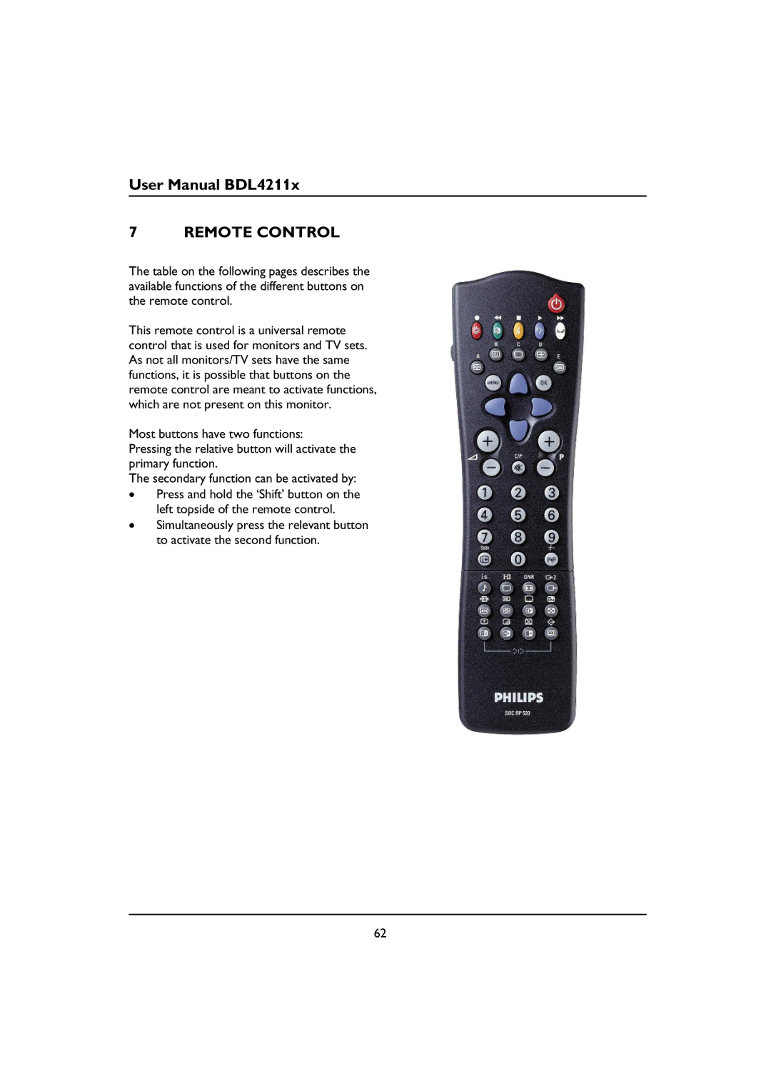 Philips BDL4211C, BDL4211V, BDL4211P user manual Remote Control 