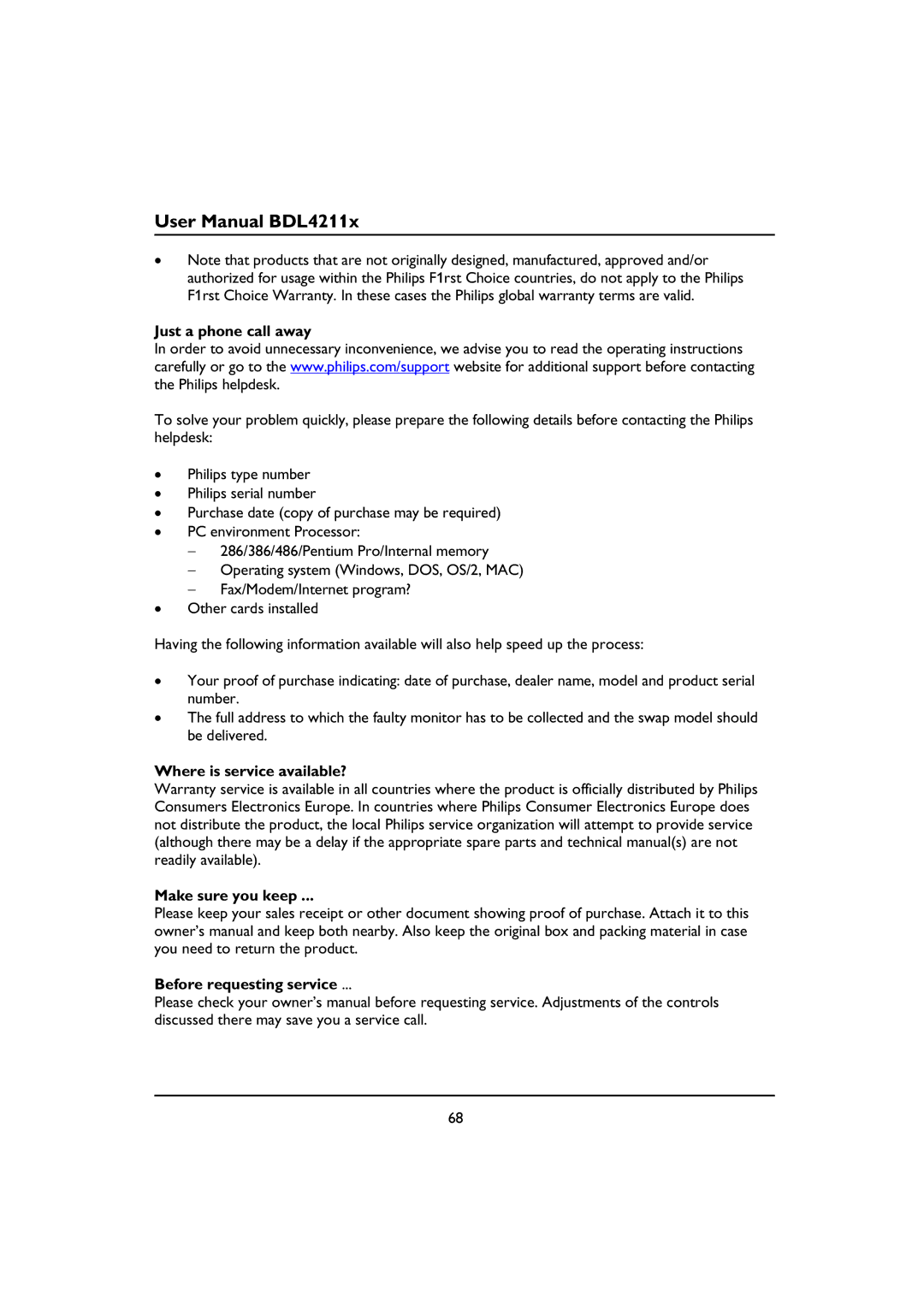 Philips BDL4211C Just a phone call away, Where is service available?, Make sure you keep Before requesting service 