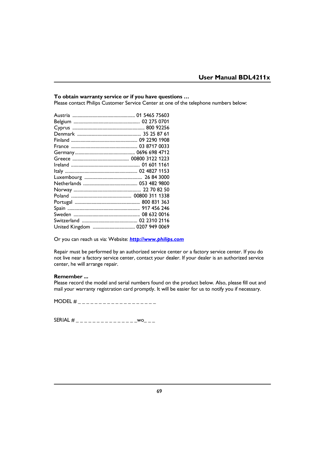 Philips BDL4211P, BDL4211V, BDL4211C user manual To obtain warranty service or if you have questions …, Remember 