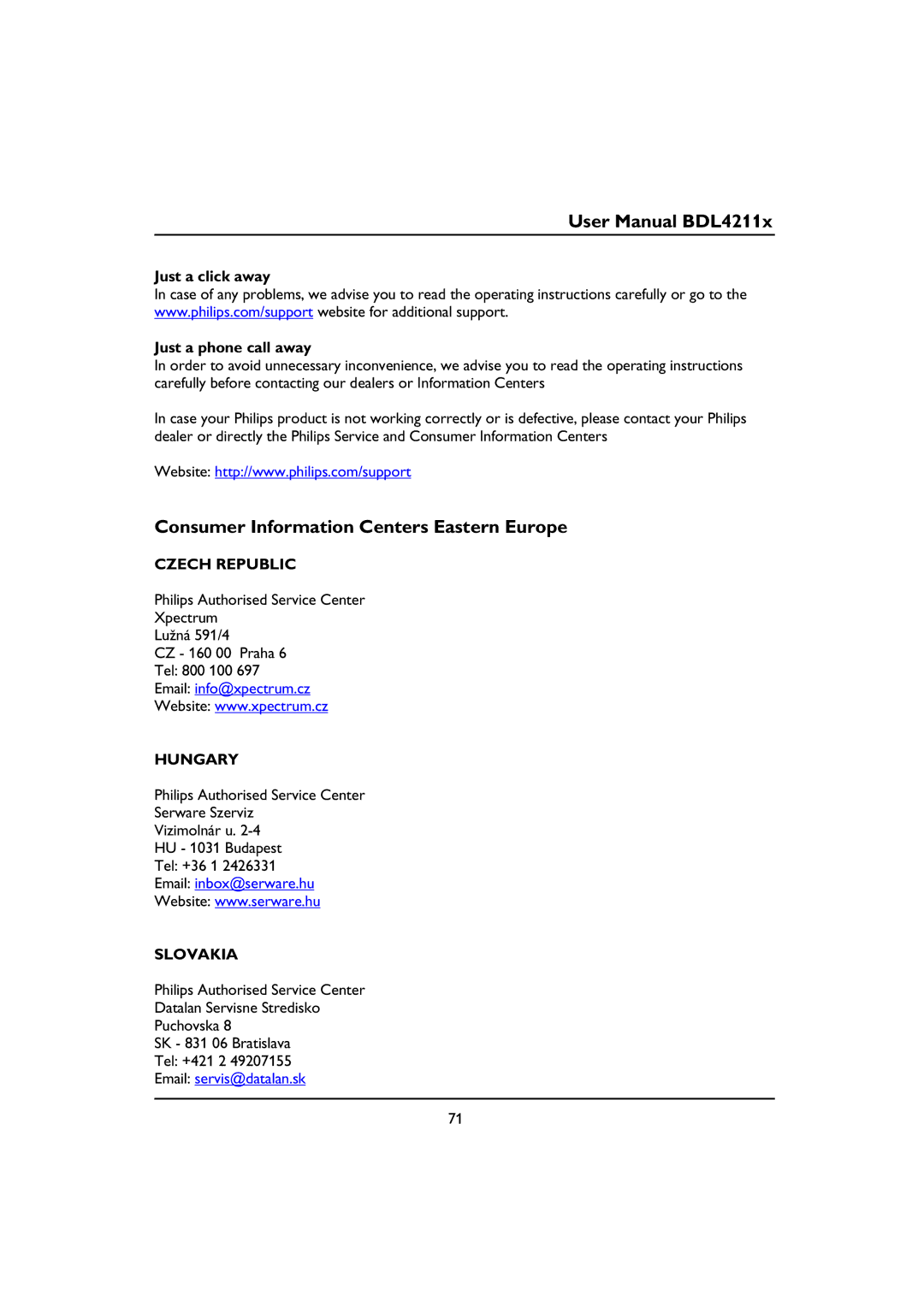 Philips BDL4211C, BDL4211V, BDL4211P user manual Just a click away Just a phone call away, Czech Republic, Hungary, Slovakia 