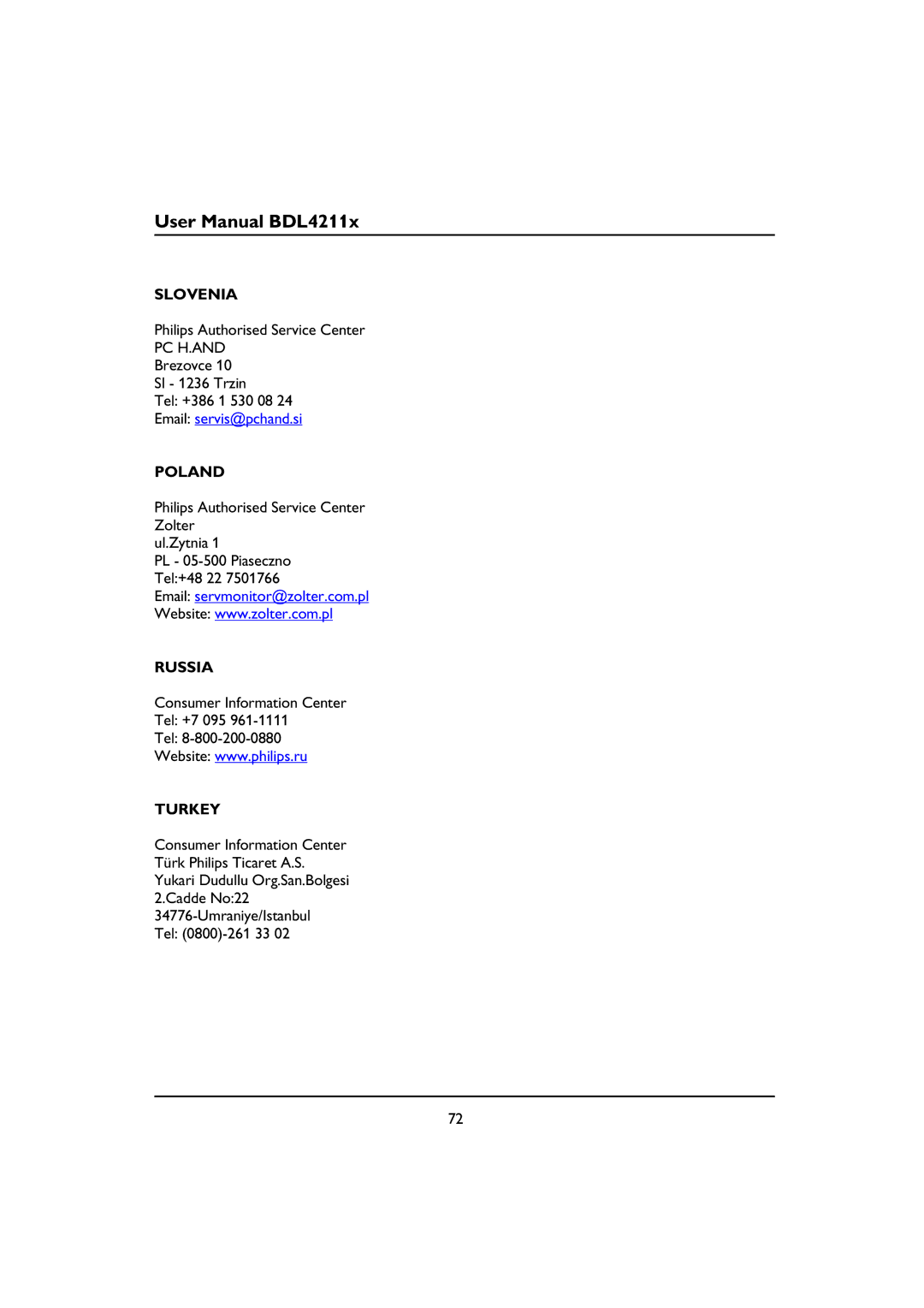 Philips BDL4211P, BDL4211V, BDL4211C user manual Slovenia, Poland, Russia, Turkey 