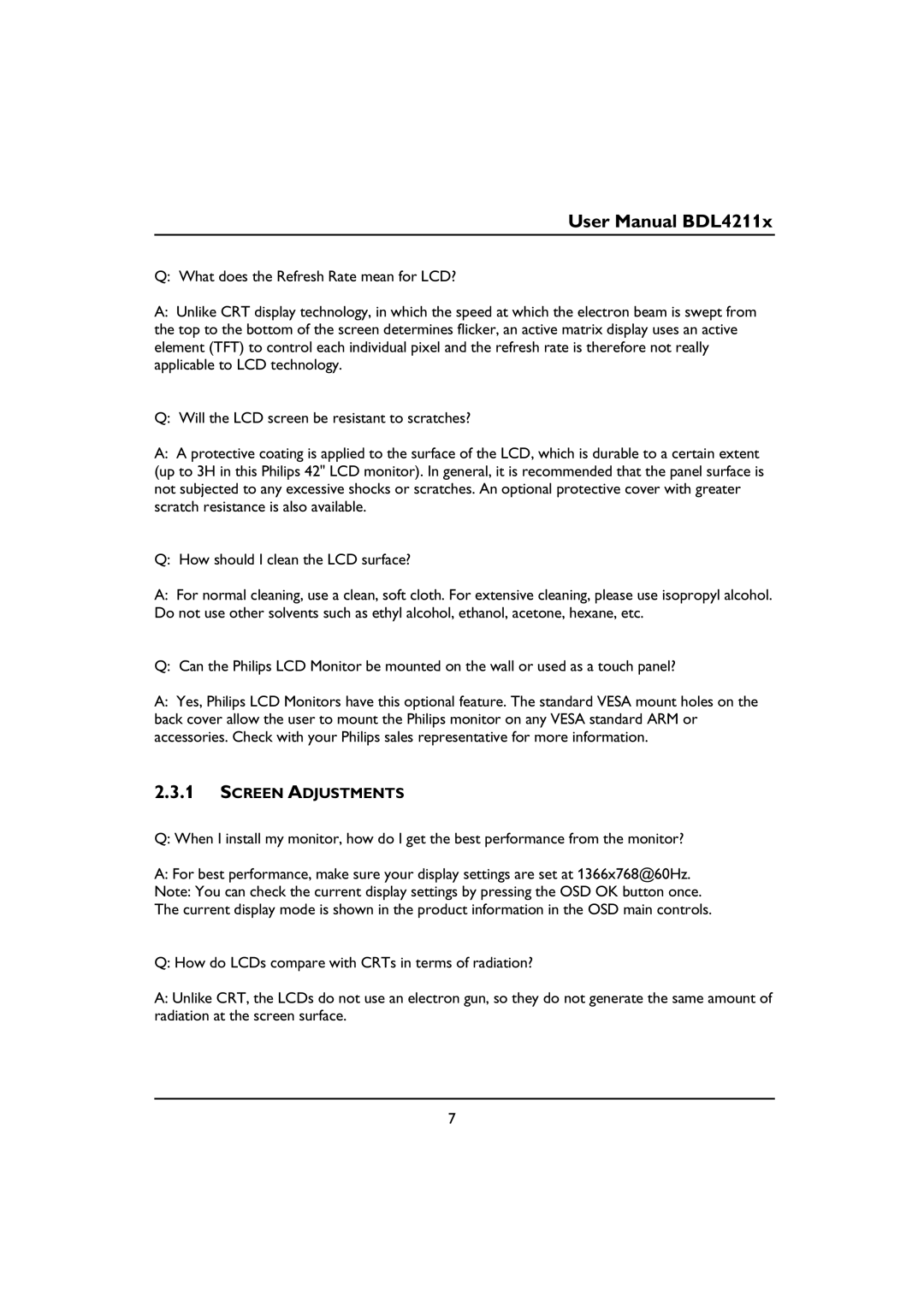 Philips BDL4211V, BDL4211C, BDL4211P user manual Screen Adjustments 