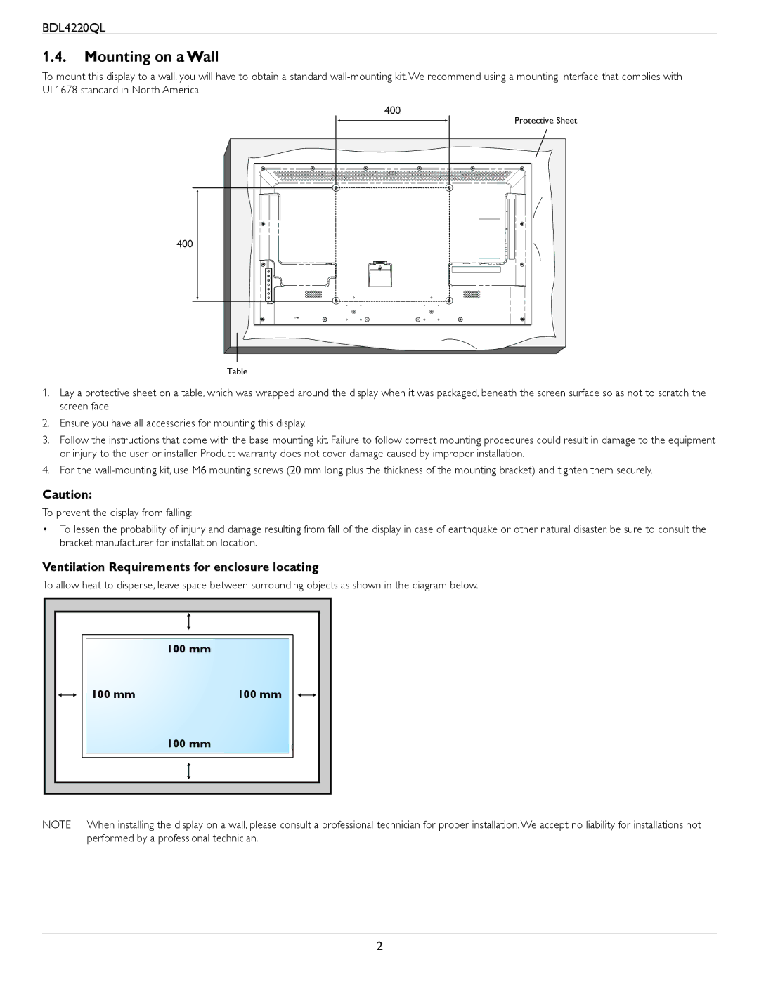 Philips BDL4220QL user manual Mounting on a Wall, Ventilation Requirements for enclosure locating 