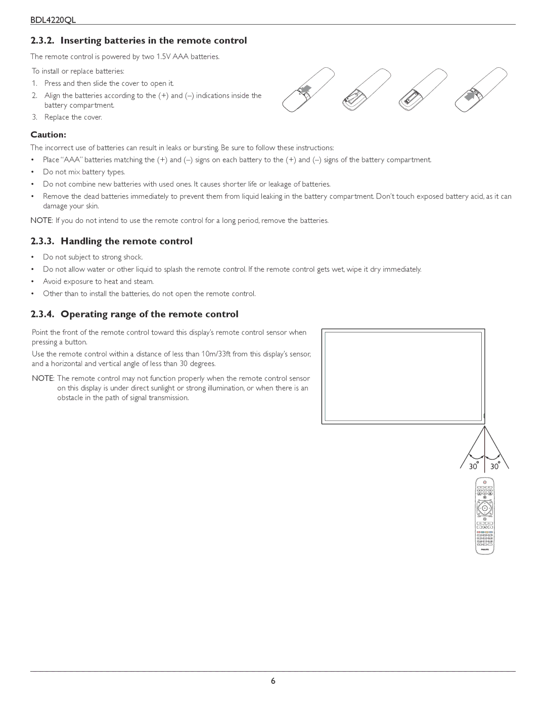 Philips BDL4220QL user manual Inserting batteries in the remote control, Handling the remote control 