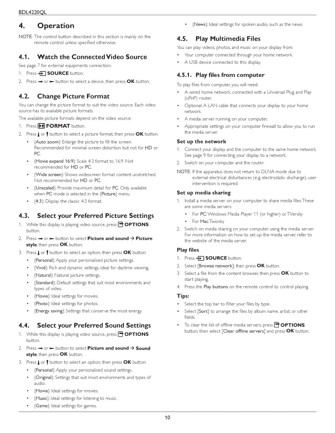 Philips BDL4220QL user manual Operation 