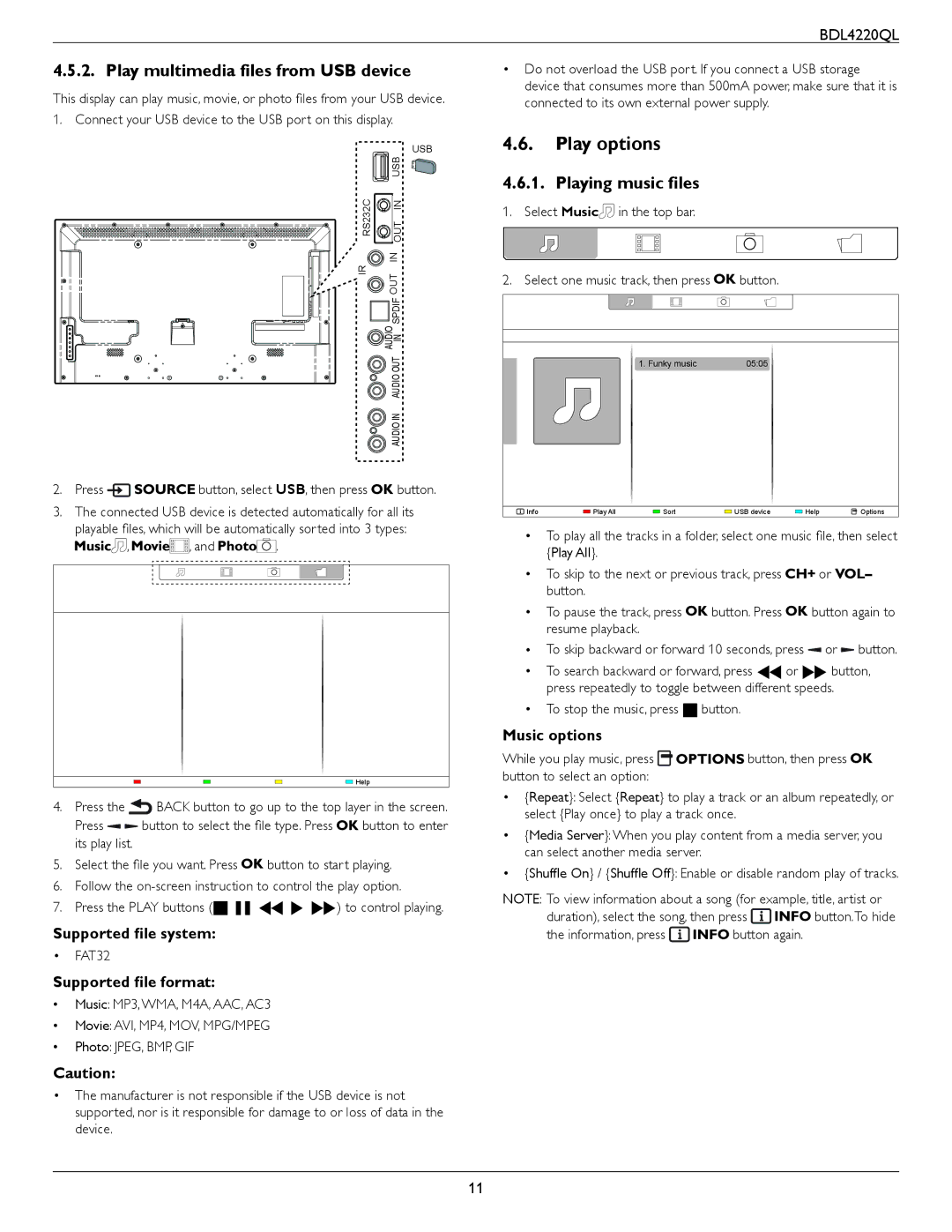 Philips BDL4220QL user manual Play options, Play multimedia files from USB device, Playing music files 