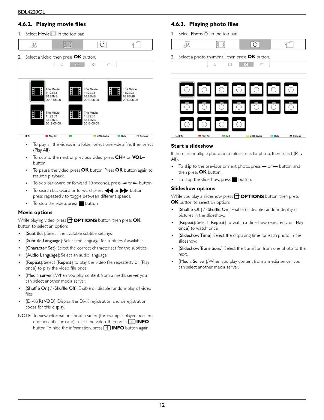 Philips BDL4220QL user manual Playing movie files, Playing photo files, Movie options, Start a slideshow, Slideshow options 