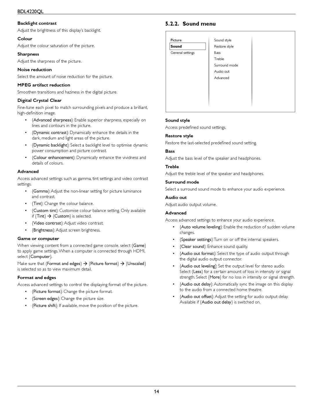 Philips BDL4220QL user manual Sound menu, Digital Crystal Clear 