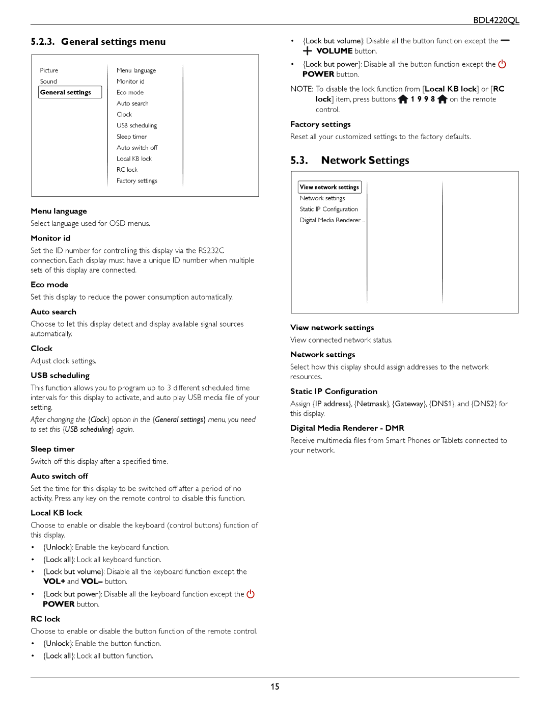 Philips BDL4220QL user manual Network Settings, General settings menu 