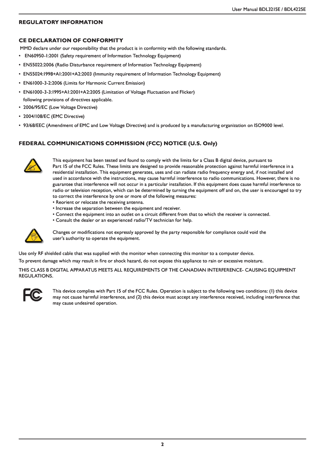 Philips BDL3215E, BDL4225E user manual Regulatory Information, Ce Declaration Of Conformity 