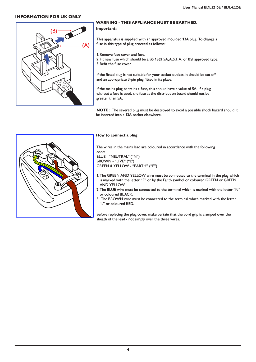 Philips BDL3215E, BDL4225E user manual Information For Uk Only 