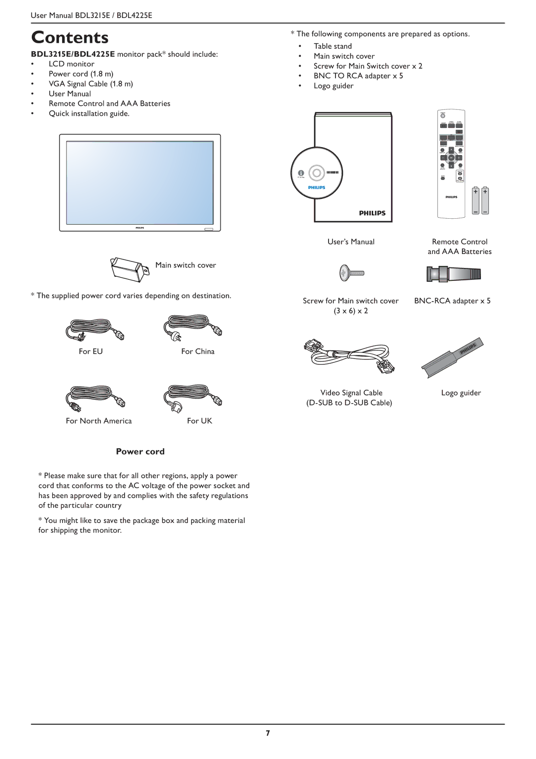 Philips BDL4225E, BDL3215E user manual Contents 