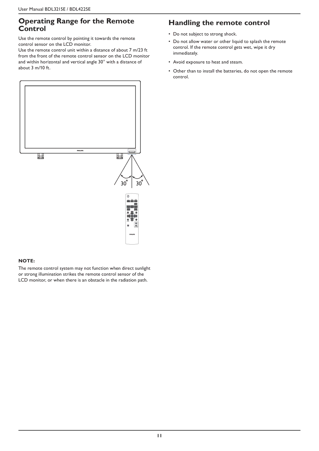 Philips BDL4225E, BDL3215E user manual Operating Range for the Remote Control, Handling the remote control 