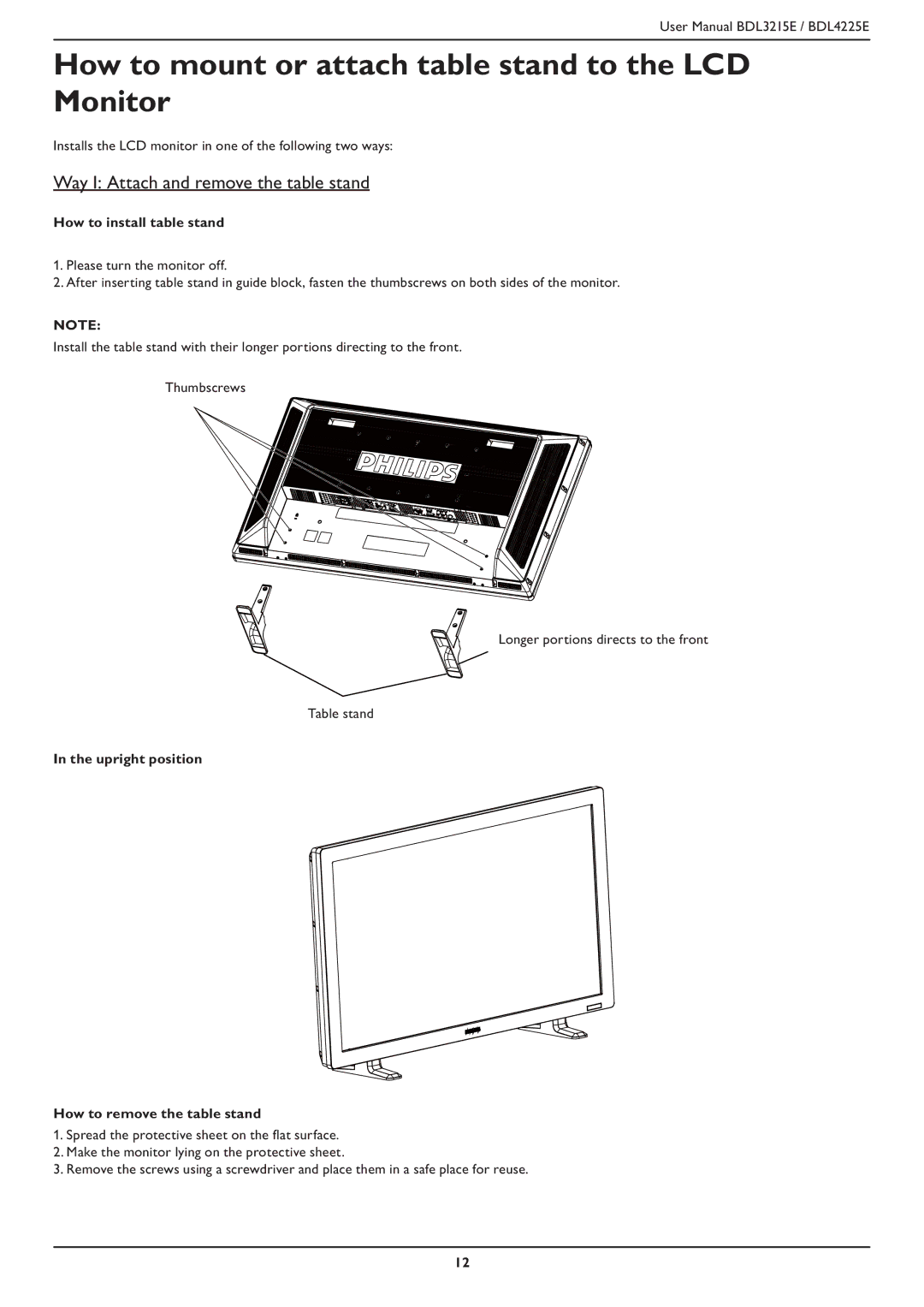 Philips BDL3215E, BDL4225E user manual How to mount or attach table stand to the LCD Monitor, How to install table stand 