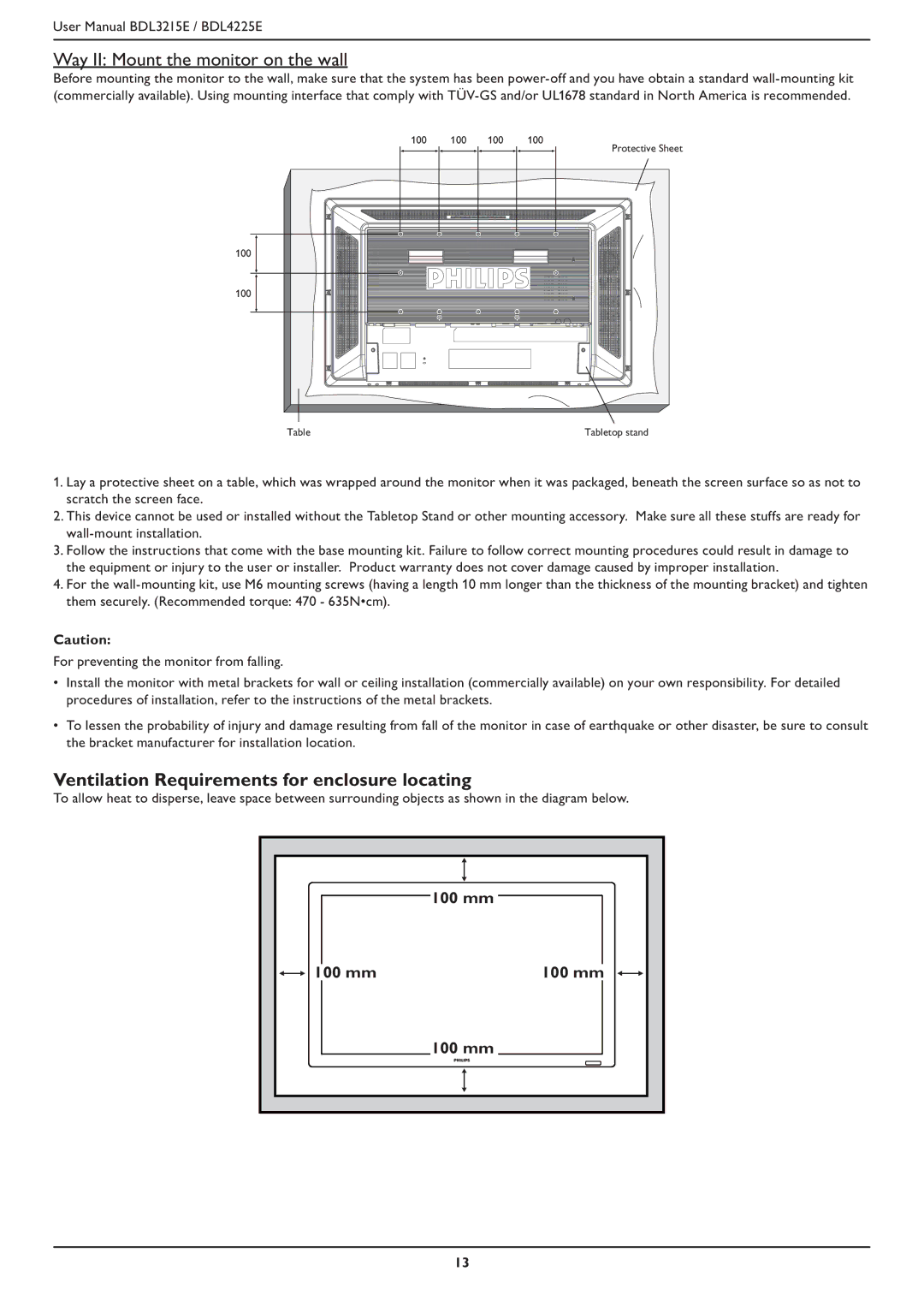 Philips BDL4225E, BDL3215E user manual Way II Mount the monitor on the wall, Ventilation Requirements for enclosure locating 