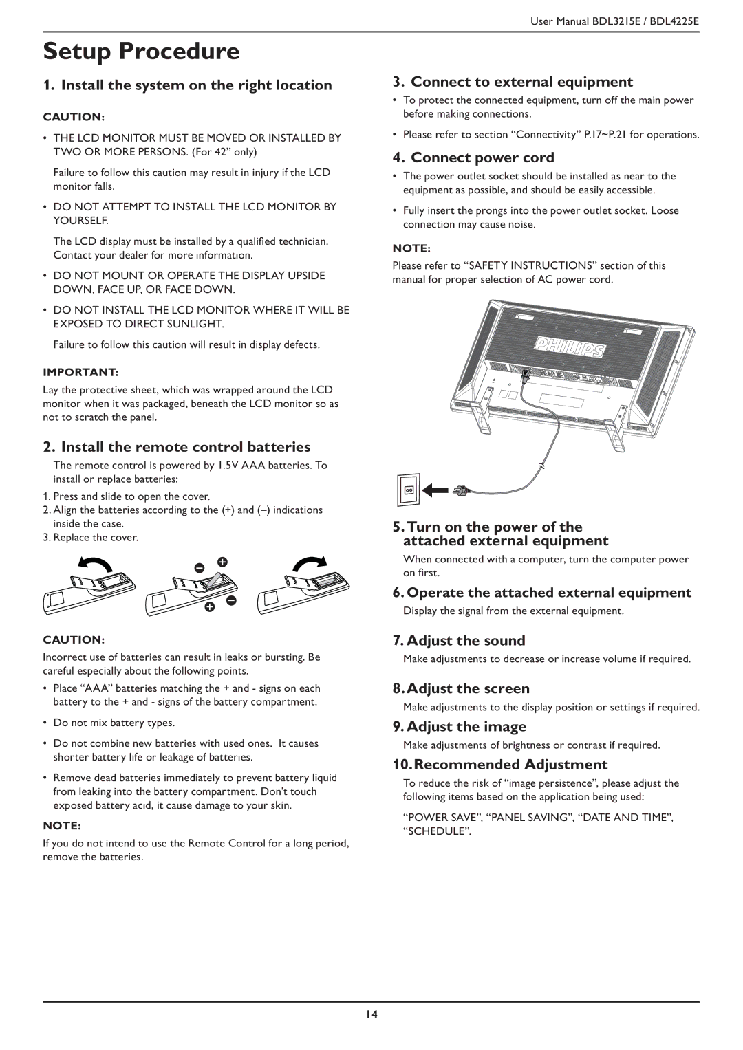 Philips BDL3215E, BDL4225E user manual Setup Procedure 