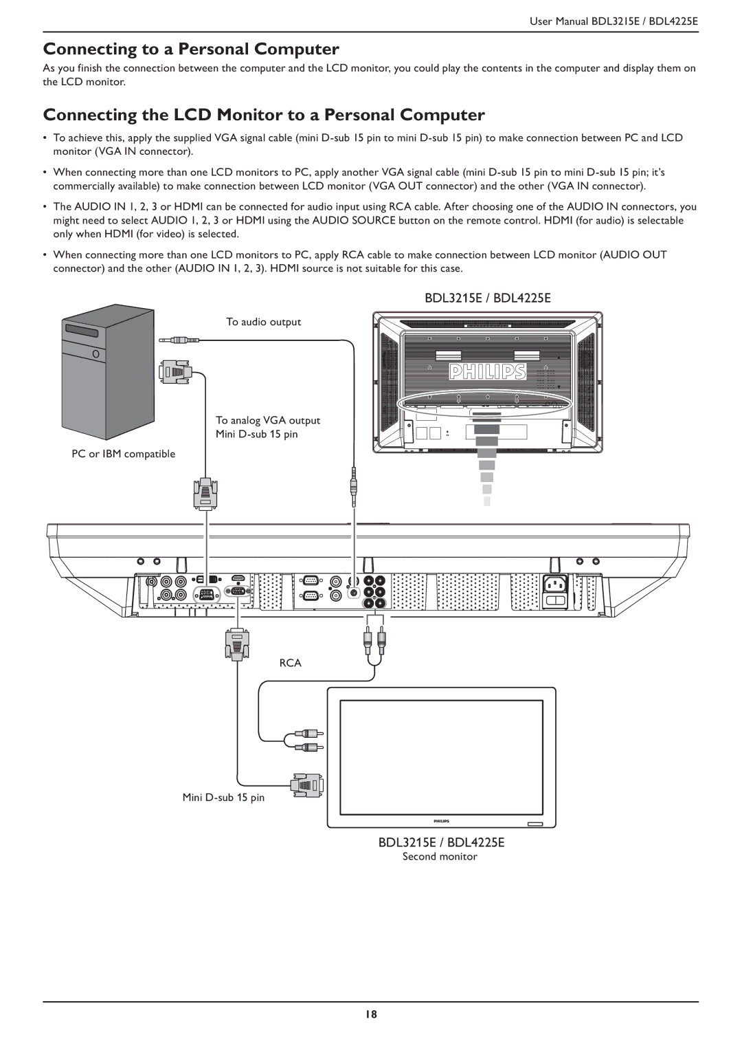 Philips BDL3215E, BDL4225E user manual Connecting to a Personal Computer, Connecting the LCD Monitor to a Personal Computer 