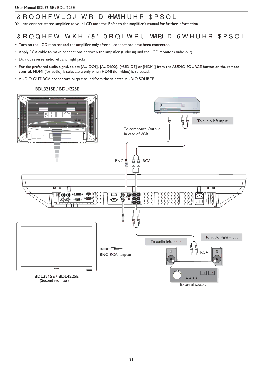 Philips BDL4225E, BDL3215E user manual RQQHFWLQJWRD6WHUHR$PSOLÀHU, RQQHFWWKH/&0RQLWRUWRD6WHUHR$PSOLÀHU 